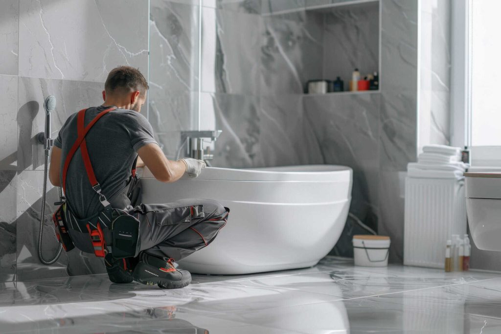 a muscular plumber installing a bathtub in a modern bathroom.